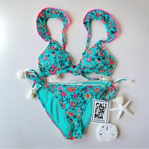 Floral Ruffle Bikini Two Piece with Tassels